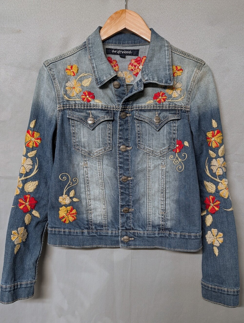 DRIFTWOOD 🌼 Blue Denim Jacket with Red & Yellow Floral Embroidery Size Large